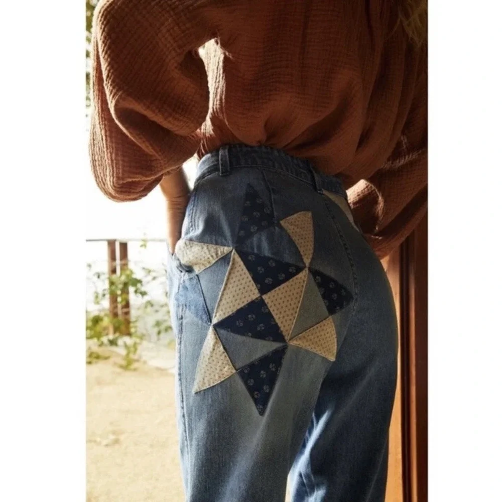 FP We The Free Down To Earth Patched Ripped Tapered Blue Jeans Sz 29 Boho Hippie